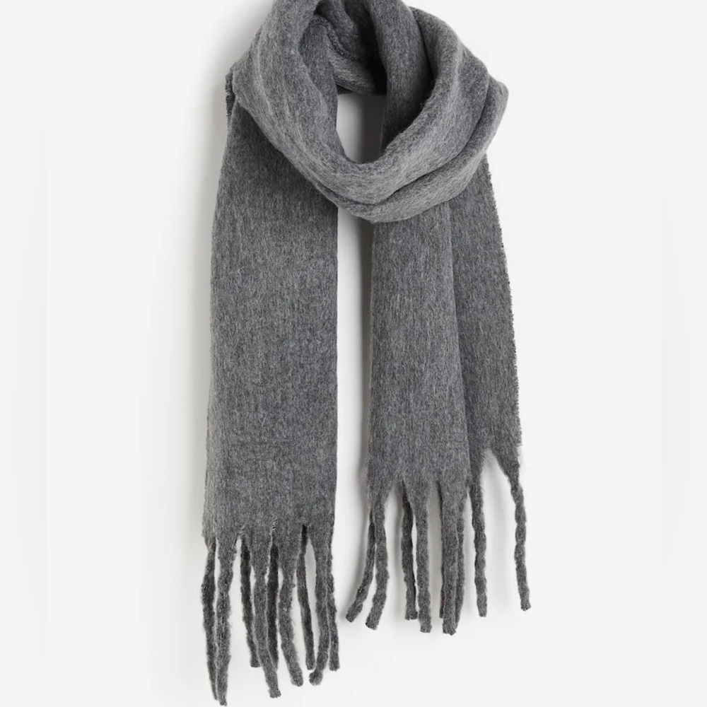 H&M Mohair Wool Blend Fringed Scarf in Gray Oversized